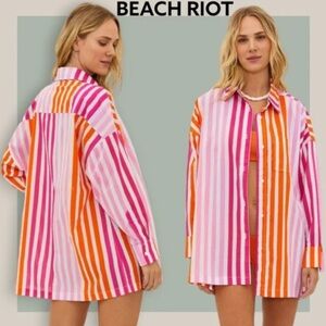 Beach Riot Pink, Orange & White Striped Oversized Swim Coverup Shirt